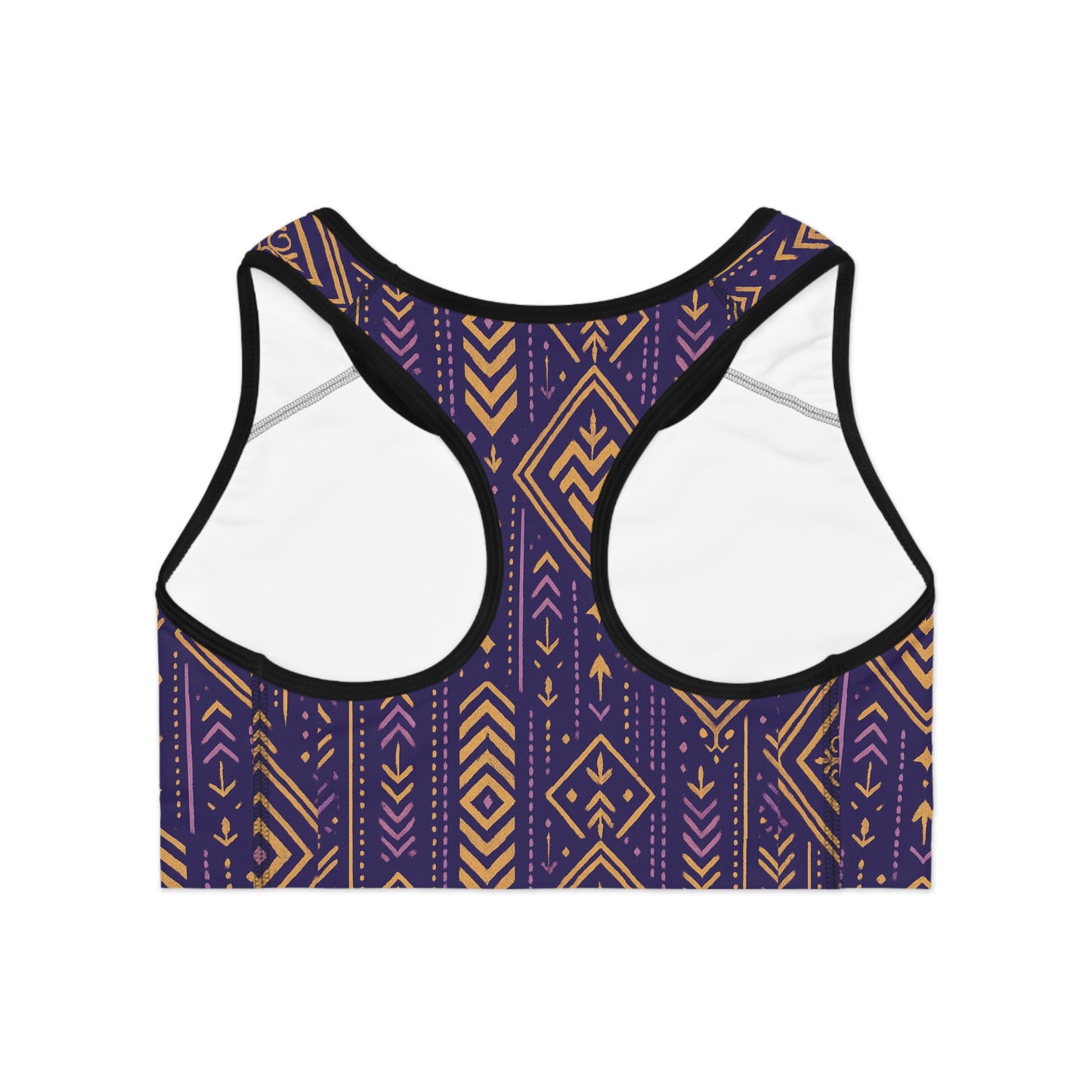 RAW TRUTH: African Geo Print Sports Bra – High Support, Racerback Workout Top (Purple & Gold)