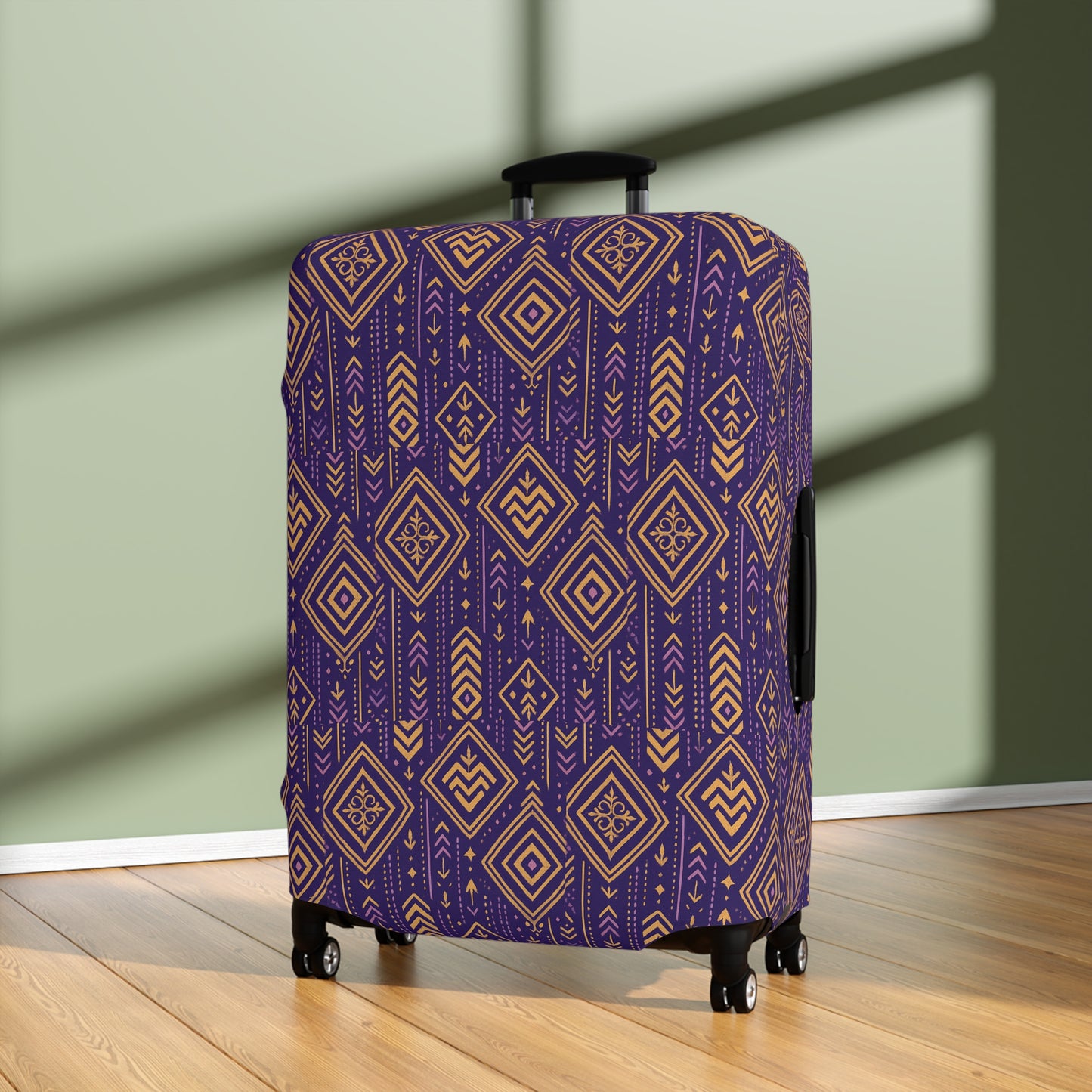 RAW TRUTH: African Geo Print Luggage Cover – High-Visibility, Protective Travel Accessory (Purple & Gold)
