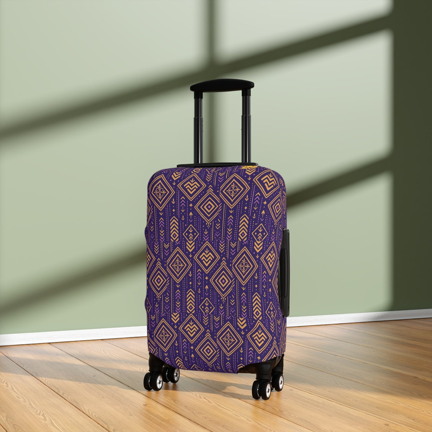 RAW TRUTH: African Geo Print Luggage Cover – High-Visibility, Protective Travel Accessory (Purple & Gold)