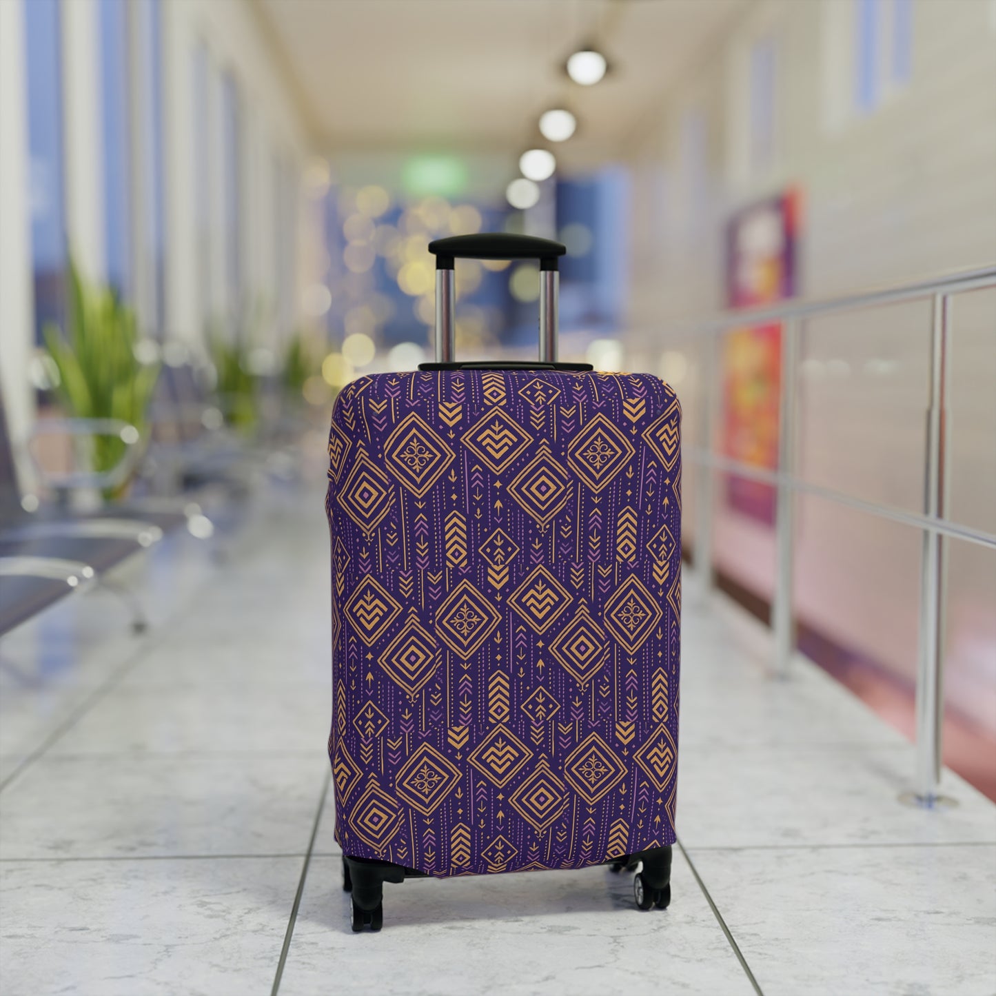 RAW TRUTH: African Geo Print Luggage Cover – High-Visibility, Protective Travel Accessory (Purple & Gold)