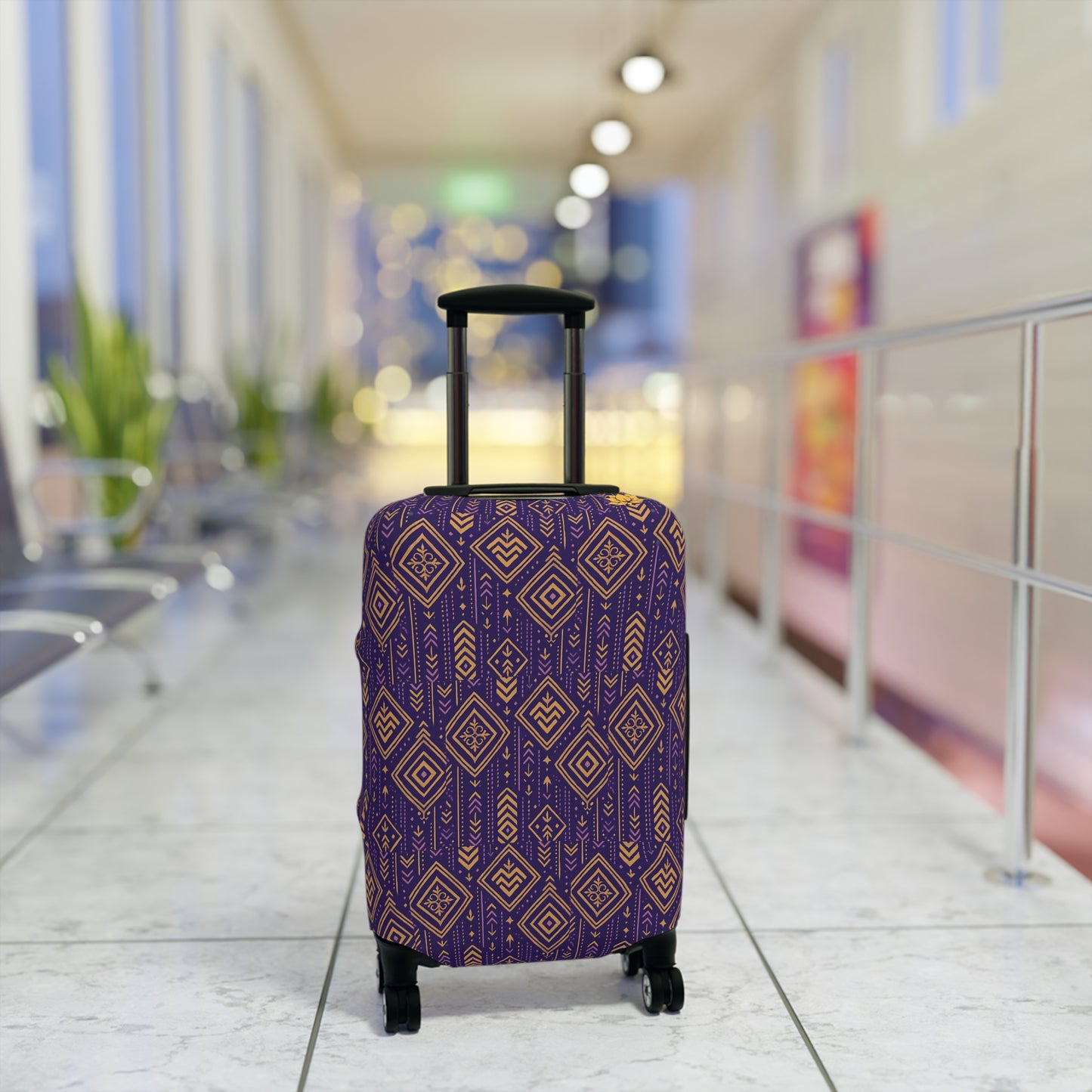 RAW TRUTH: African Geo Print Luggage Cover – High-Visibility, Protective Travel Accessory (Purple & Gold)