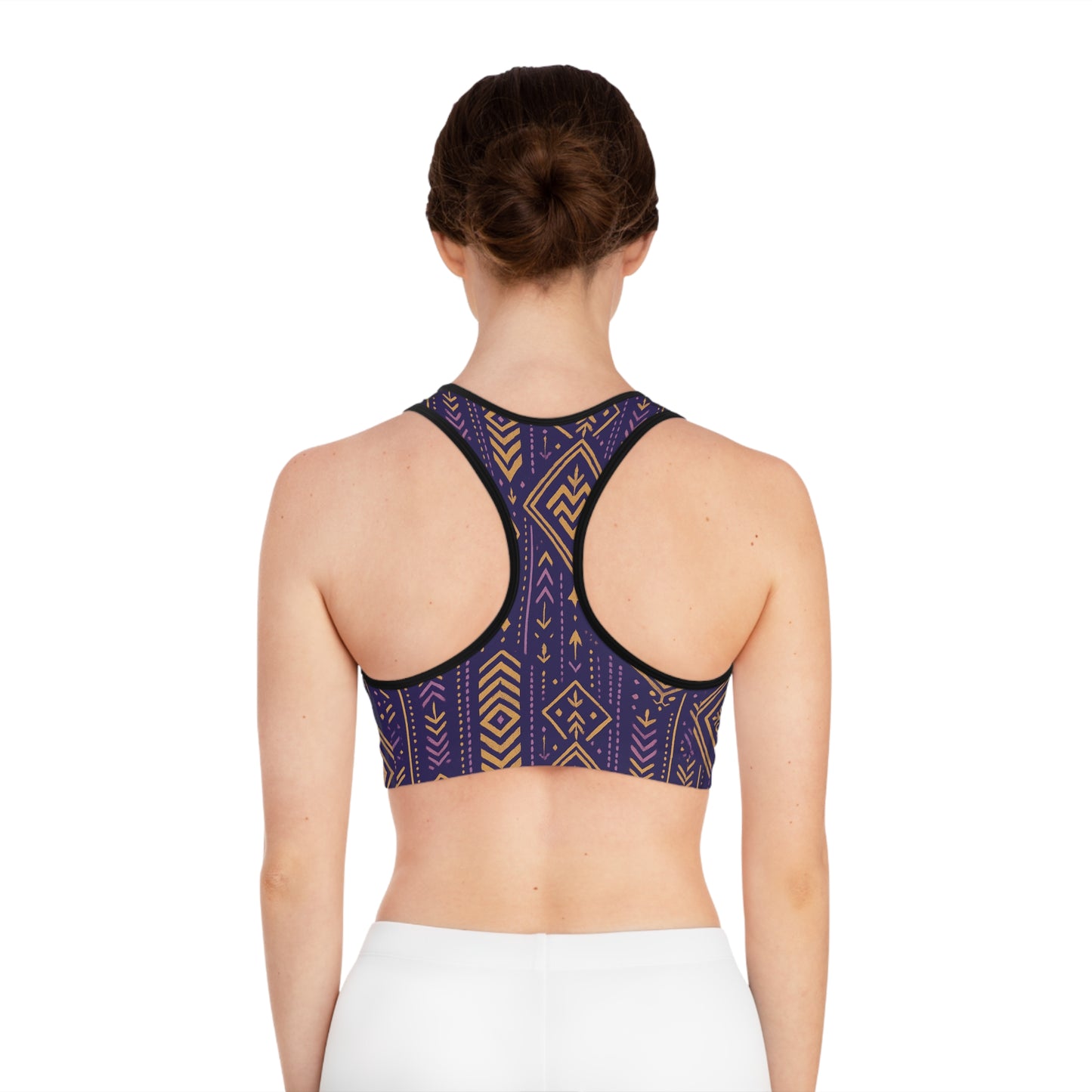 RAW TRUTH: African Geo Print Sports Bra – High Support, Racerback Workout Top (Purple & Gold)