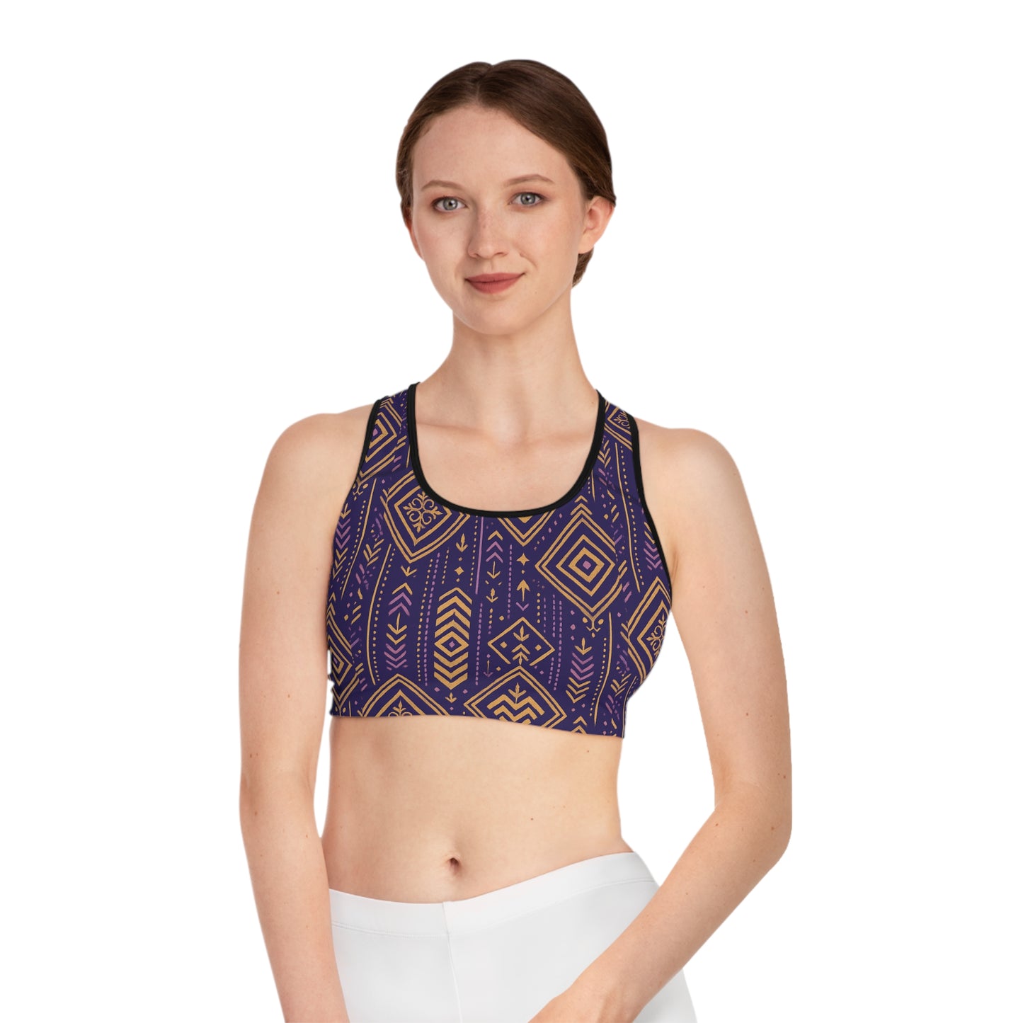 RAW TRUTH: African Geo Print Sports Bra – High Support, Racerback Workout Top (Purple & Gold)