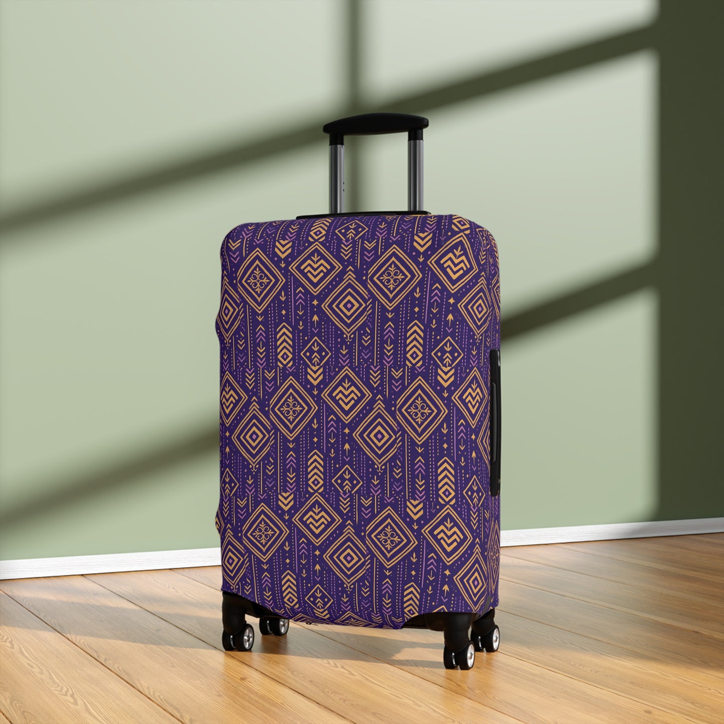 RAW TRUTH: African Geo Print Luggage Cover – High-Visibility, Protective Travel Accessory (Purple & Gold)