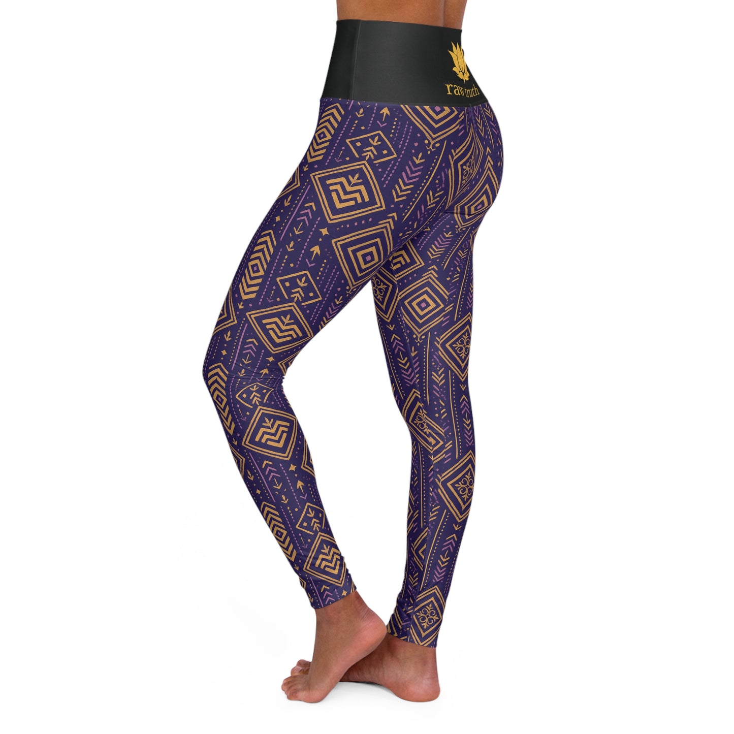 RAW TRUTH: African Geo Print High-Waist Yoga Leggings – Squat-Proof Workout Pants (Purple & Gold)
