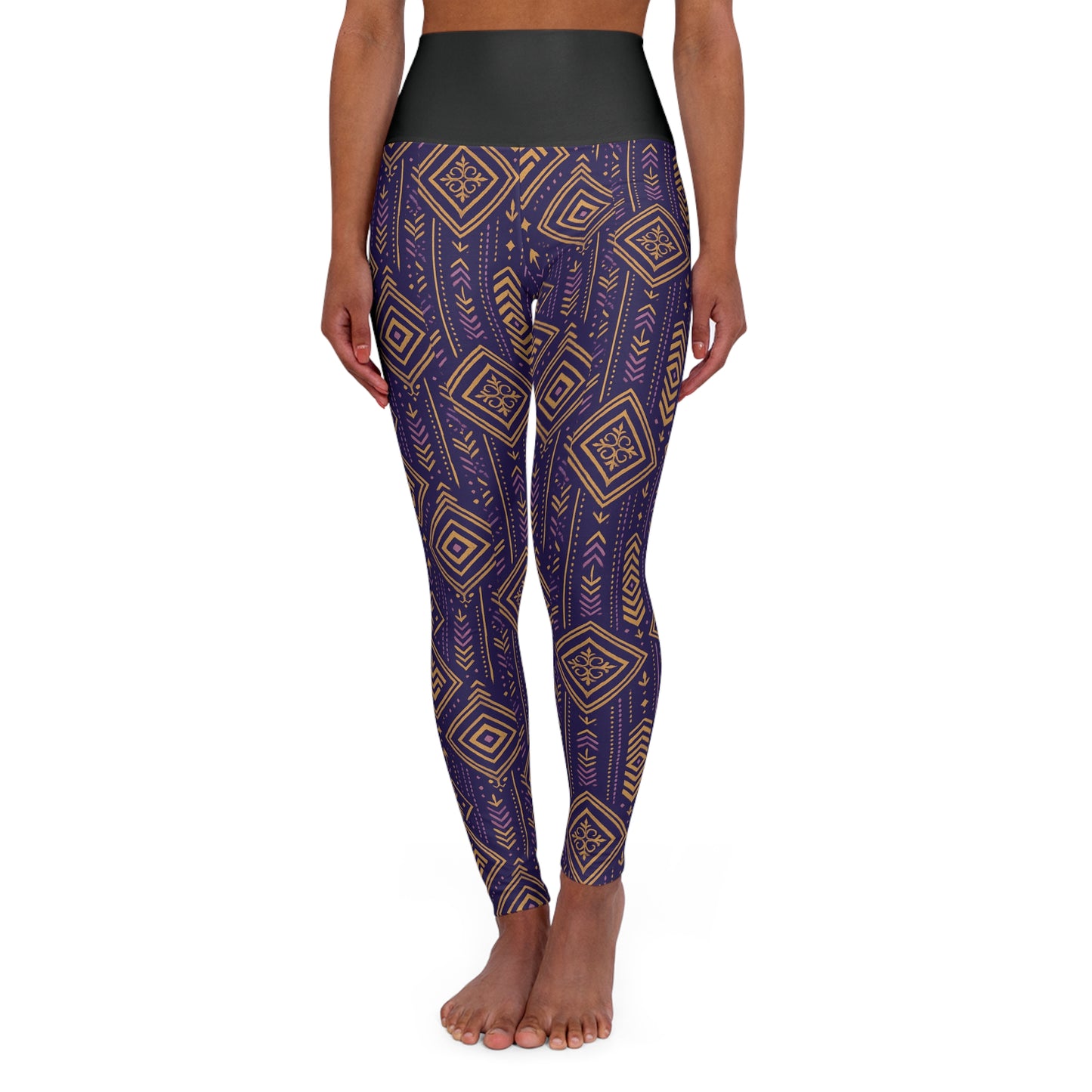 RAW TRUTH: African Geo Print High-Waist Yoga Leggings – Squat-Proof Workout Pants (Purple & Gold)