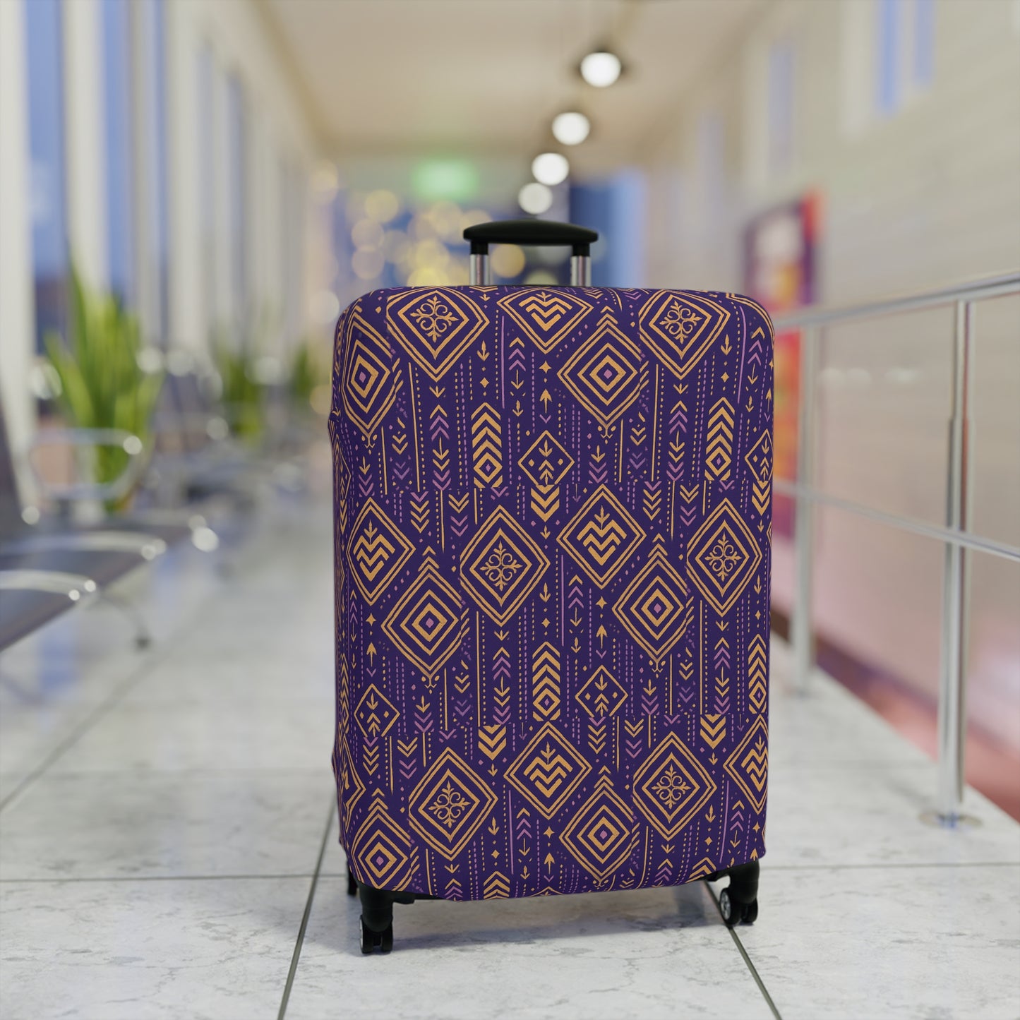 RAW TRUTH: African Geo Print Luggage Cover – High-Visibility, Protective Travel Accessory (Purple & Gold)