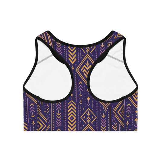 RAW TRUTH: African Geo Print Sports Bra – High Support, Racerback Workout Top (Purple & Gold)