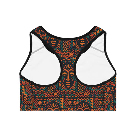 RAW TRUTH: Legacy Mask Print Activewear Sports Bra in Rust & Teal