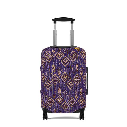 RAW TRUTH: African Geo Print Luggage Cover – High-Visibility, Protective Travel Accessory (Purple & Gold)