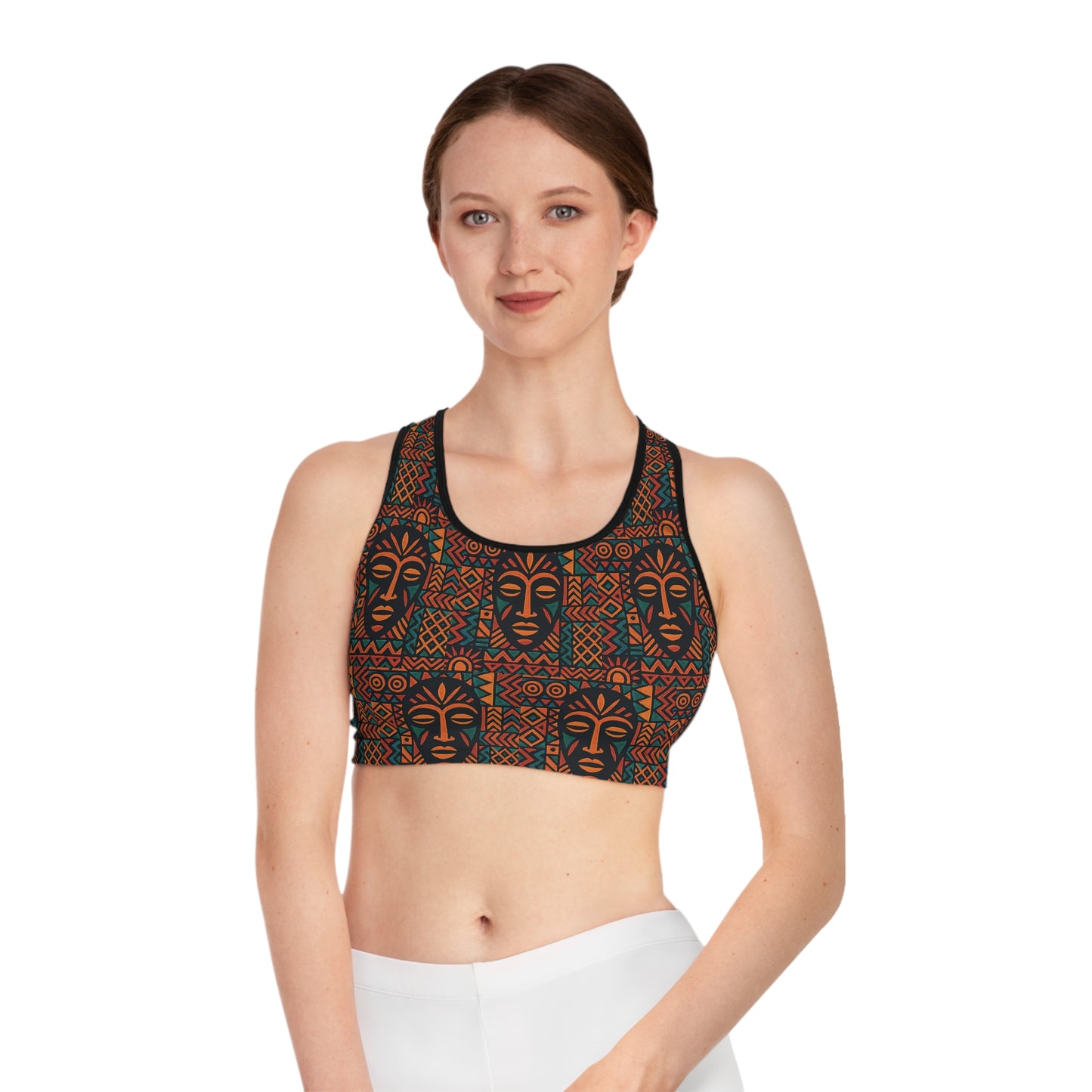 RAW TRUTH: Legacy Mask Print Activewear Sports Bra in Rust & Teal