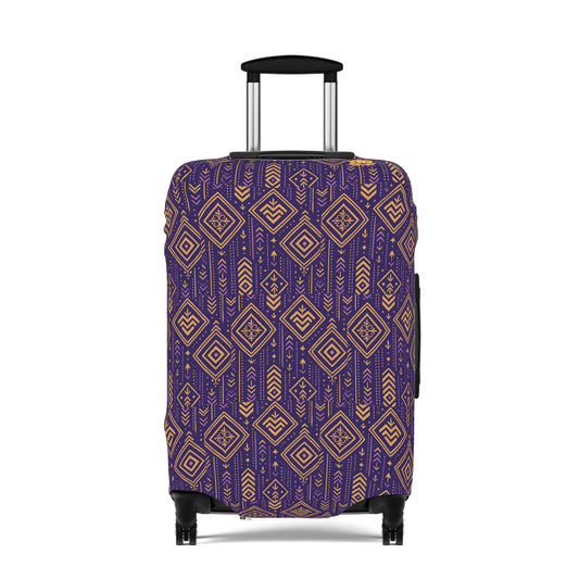RAW TRUTH: African Geo Print Luggage Cover – High-Visibility, Protective Travel Accessory (Purple & Gold)