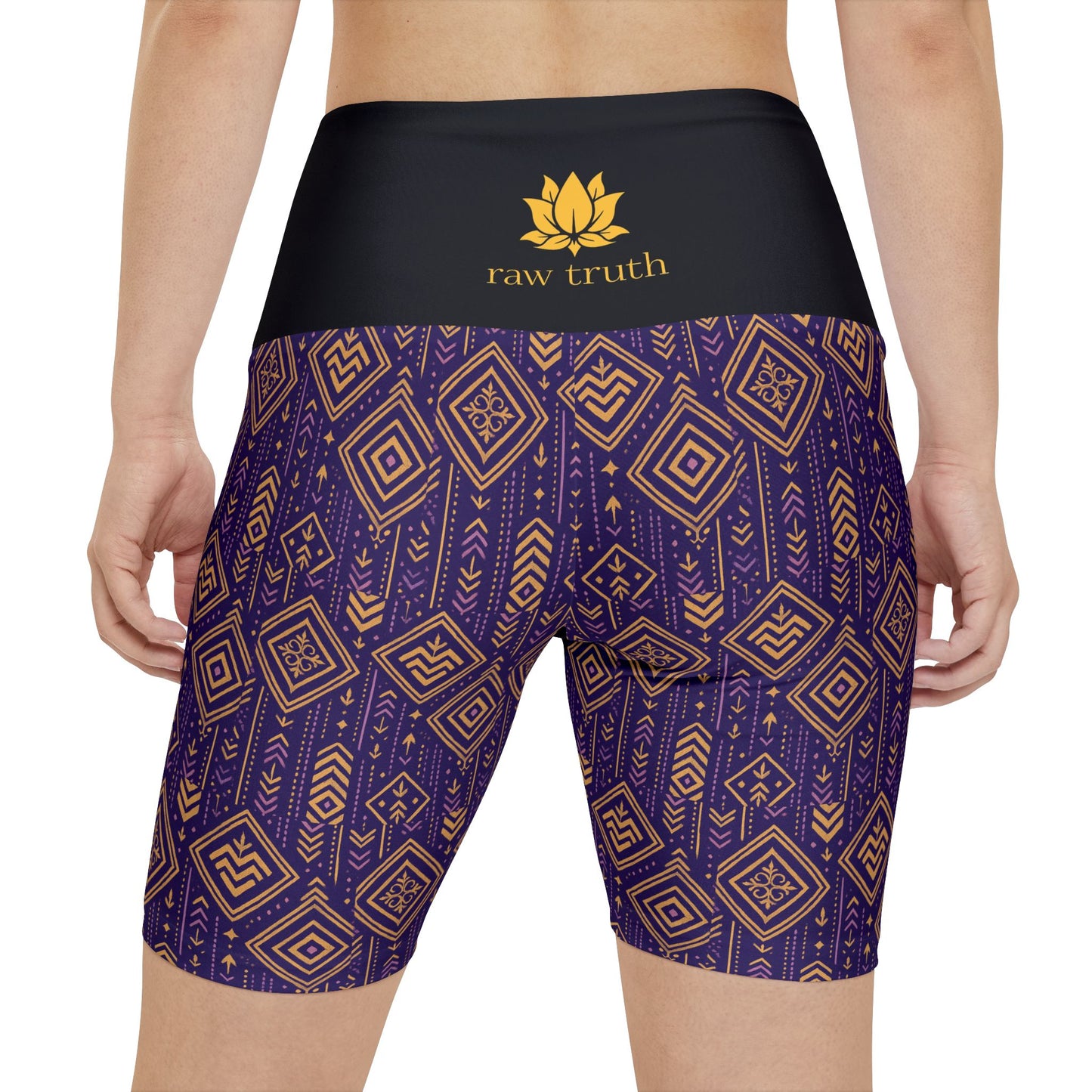 RAW TRUTH: African Geo Print Bike Shorts – High-Waist, Ultra-Soft Activewear (Purple & Gold)