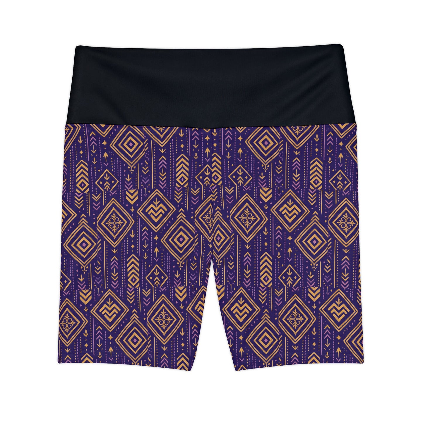 RAW TRUTH: African Geo Print Bike Shorts – High-Waist, Ultra-Soft Activewear (Purple & Gold)