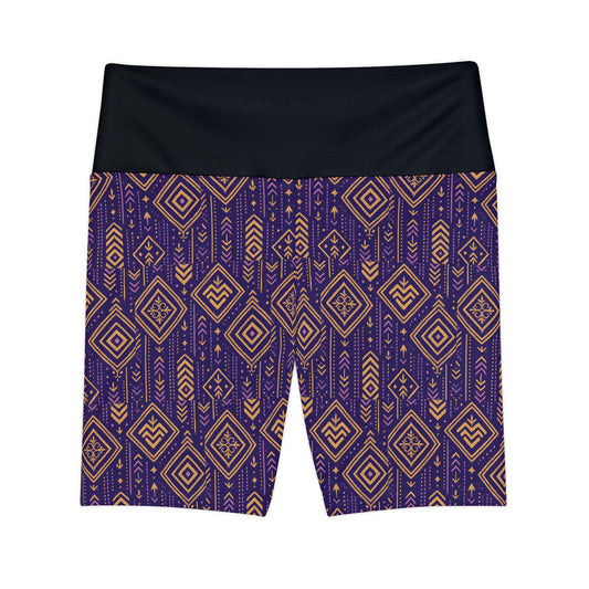 RAW TRUTH: African Geo Print Bike Shorts – High-Waist, Ultra-Soft Activewear (Purple & Gold)