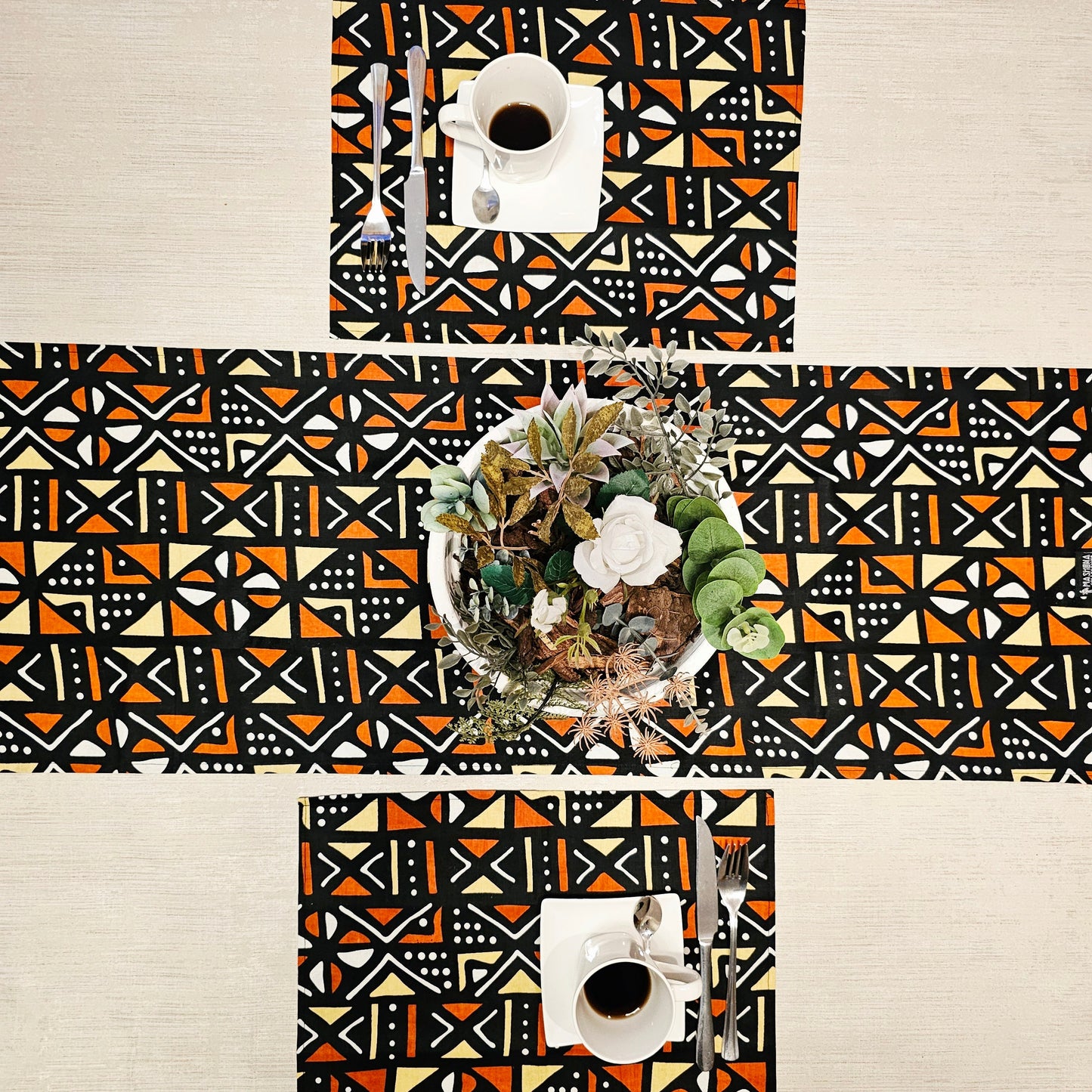 Handmade Table Runner and Set of 4 Placemats | African Print "Mudcloth" Bogolan Inspired Print Made from 100% African Print Fabric
