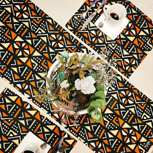 Handmade Table Runner and Set of 4 Placemats | African Print "Mudcloth" Bogolan Inspired Print Made from 100% African Print Fabric