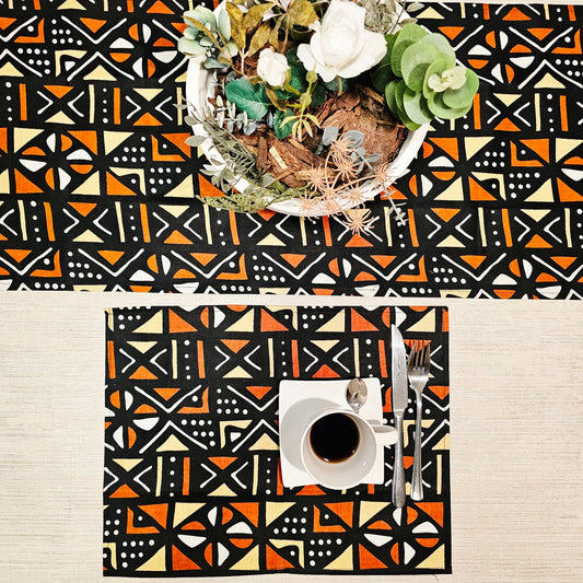 Handmade Table Runner and Set of 4 Placemats | African Print "Mudcloth" Bogolan Inspired Print Made from 100% African Print Fabric
