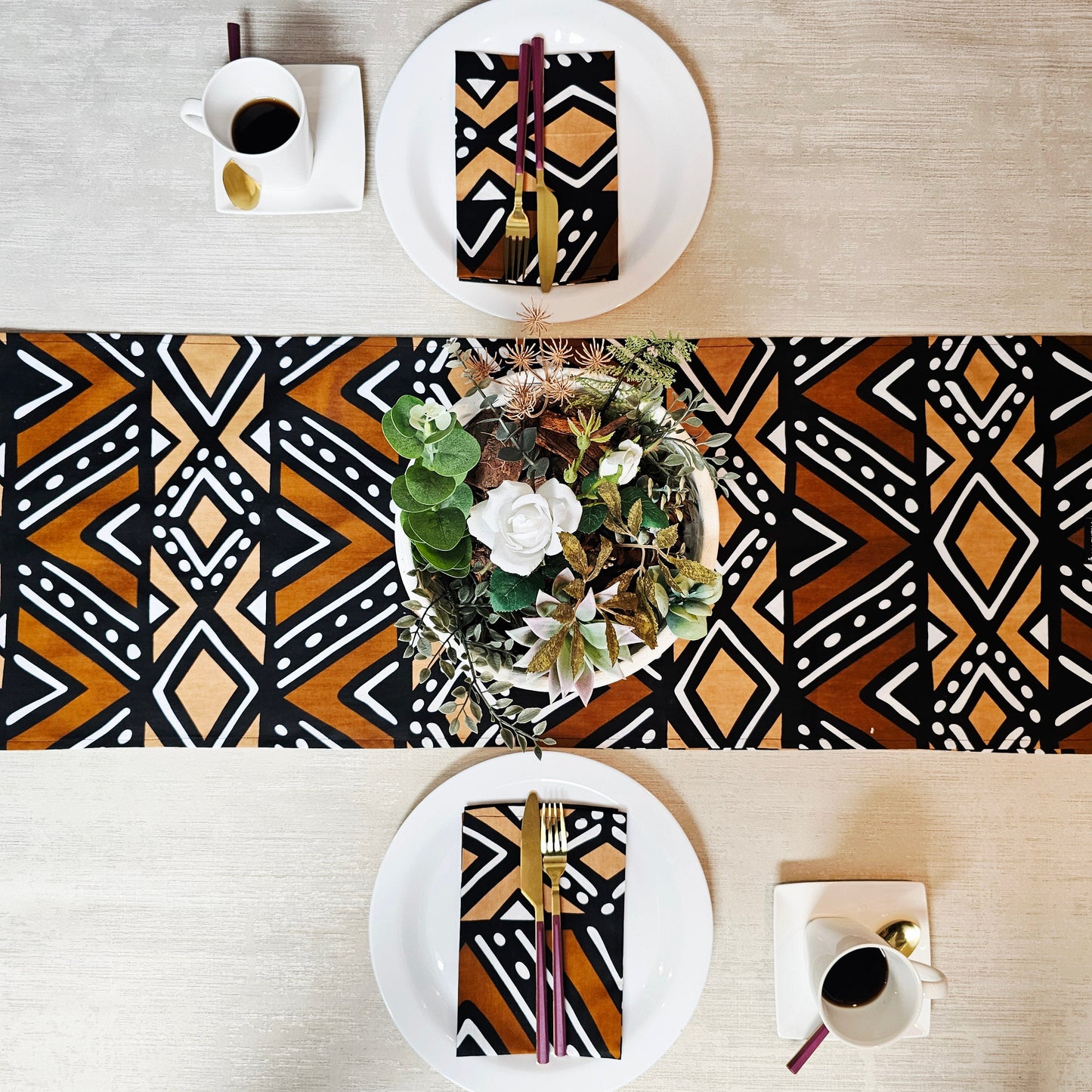 Handmade Table Runner and Set of 8 Napkins | African Print "Mudcloth" Bogolan Inspired Print Made from 100% African Print Fabric