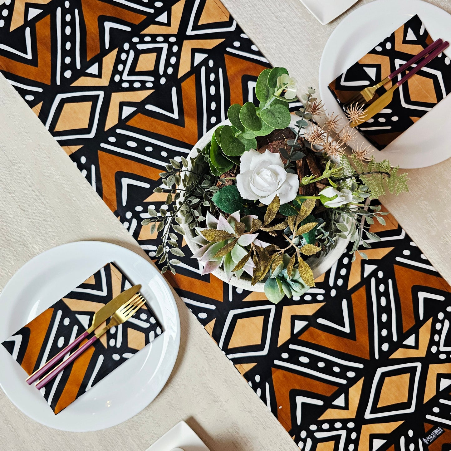 Handmade Table Runner and Set of 8 Napkins | African Print "Mudcloth" Bogolan Inspired Print Made from 100% African Print Fabric