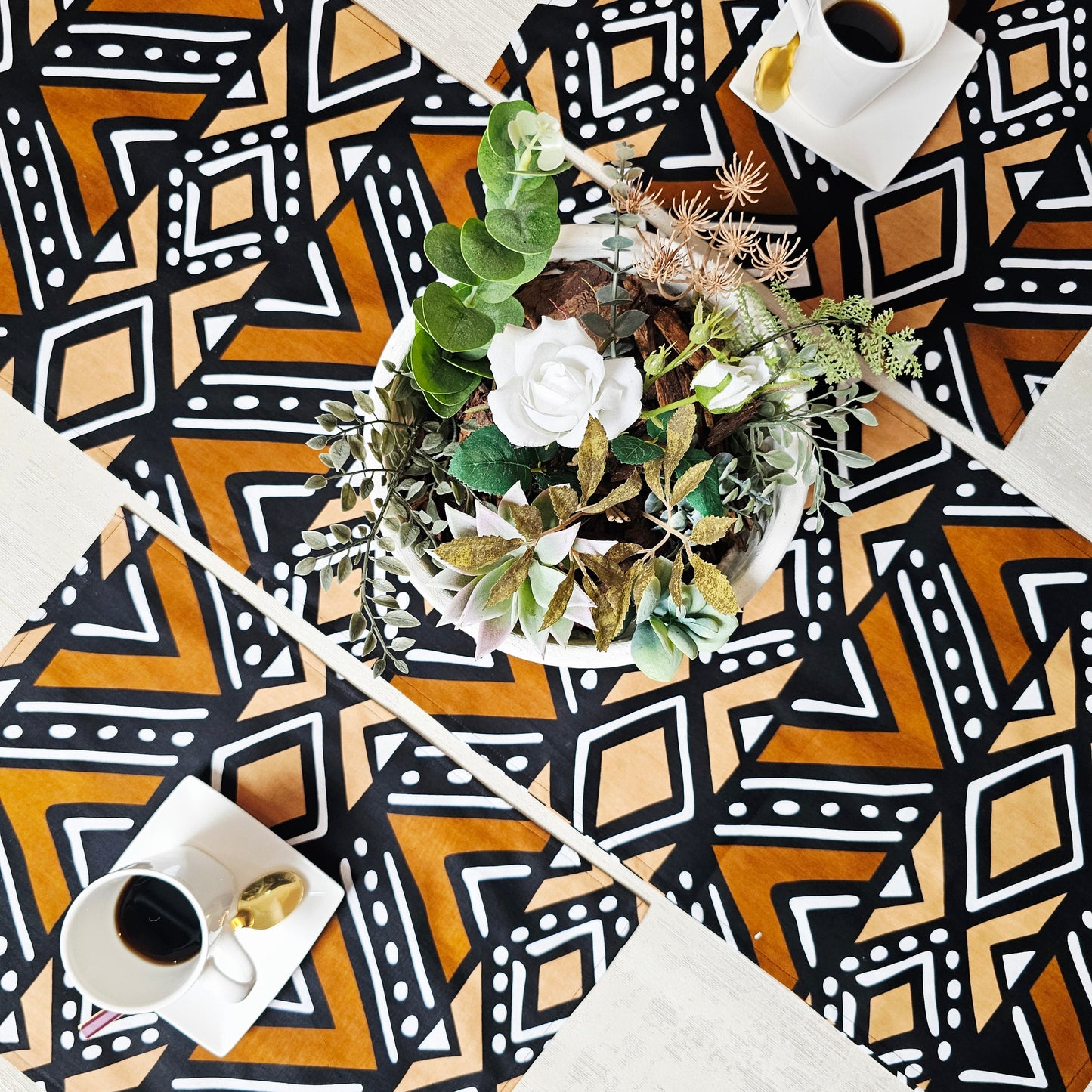 Handmade Table Runner and Set of 4 Placemats | African Print "Mudcloth" Bogolan Inspired Print Made from 100% African Print Fabric (Copy)