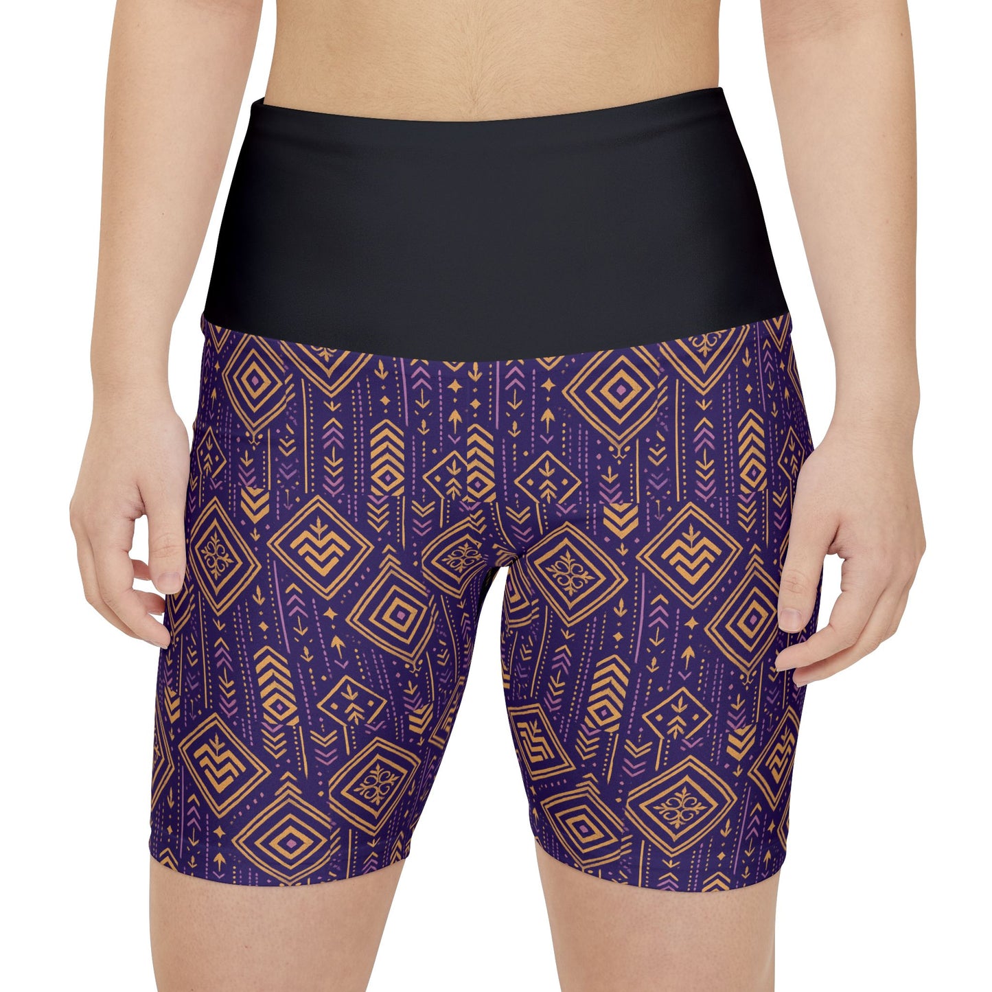 RAW TRUTH: African Geo Print Bike Shorts – High-Waist, Ultra-Soft Activewear (Purple & Gold)