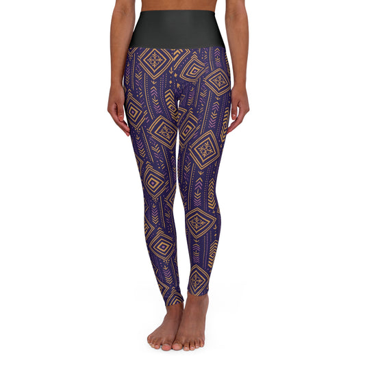 RAW TRUTH: African Geo Print High-Waist Yoga Leggings – Squat-Proof Workout Pants (Purple & Gold)