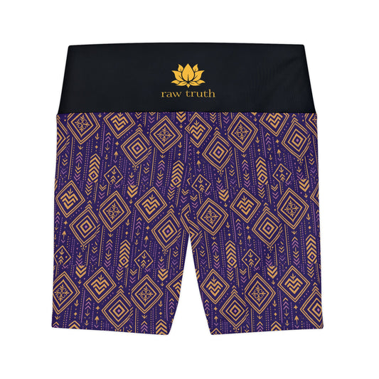 RAW TRUTH: African Geo Print Bike Shorts – High-Waist, Ultra-Soft Activewear (Purple & Gold)