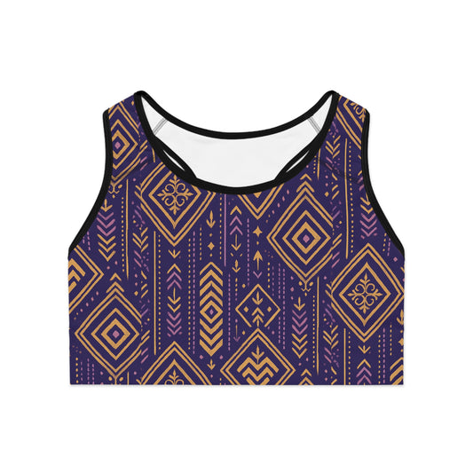 RAW TRUTH: African Geo Print Sports Bra – High Support, Racerback Workout Top (Purple & Gold)